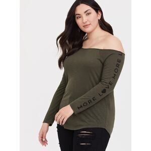Torrid Plus Size 1X More Love Off The Shoulder Tee Top Olive Green Long Sleeve